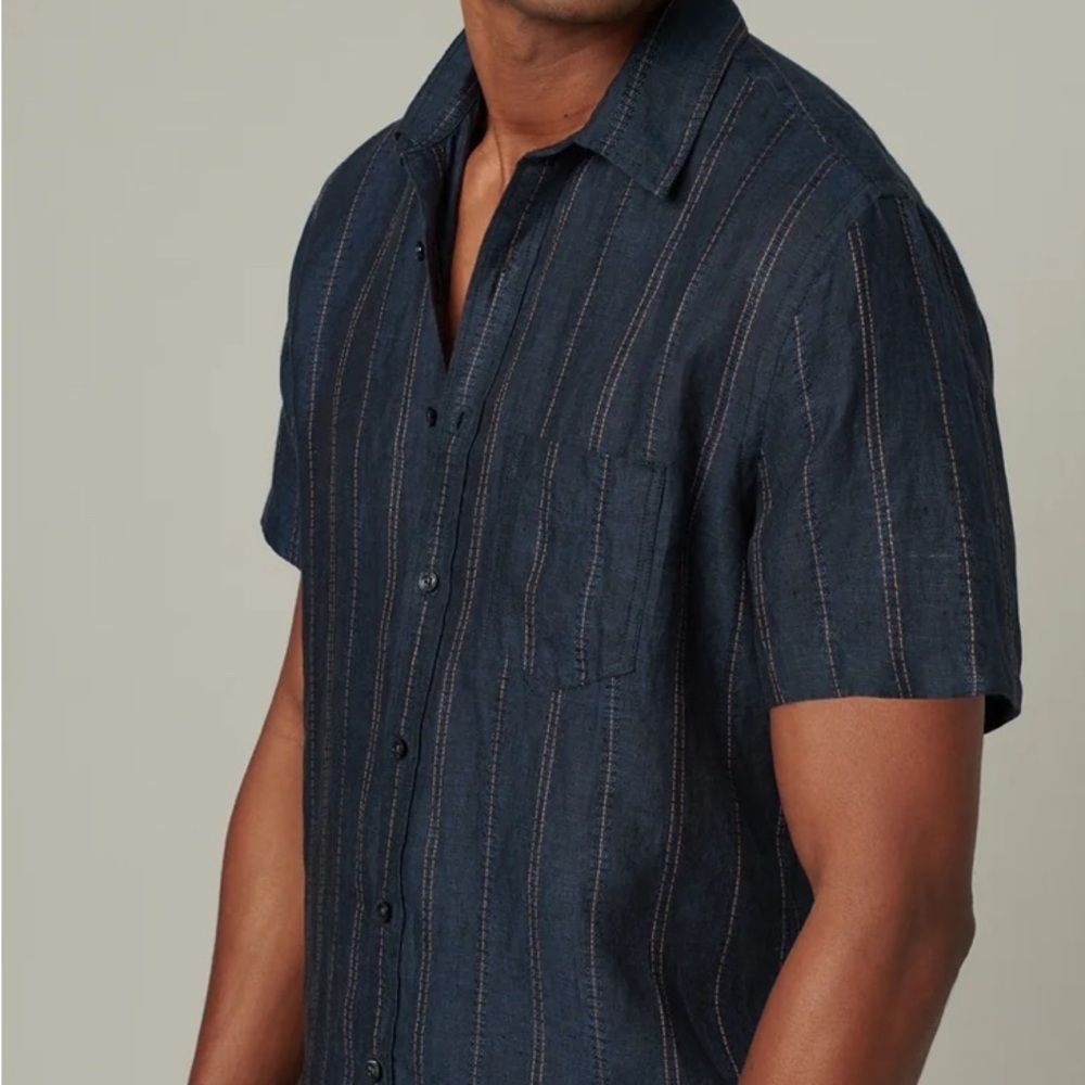 Scott Navy Blue Short Sleeve Button-Down Shirt with Subtle Pinstripes